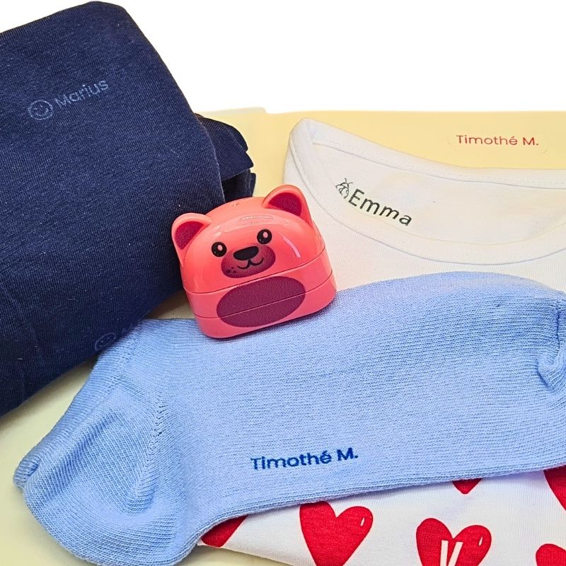 Tampon prénom personnalisé Nounours rose, fabriqué en France