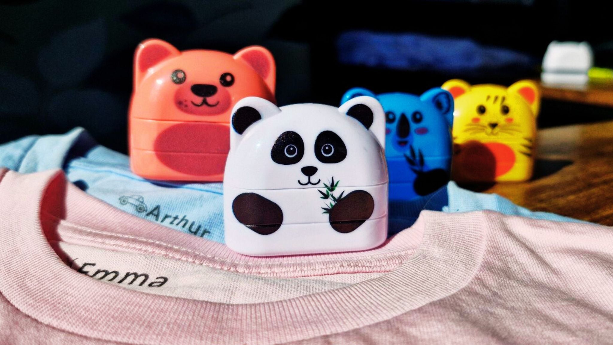 Tampons personnalisés pour vêtements – Animaux mignons (panda, koala, ours, tigre) – Marquage rapide et durable, Made in France