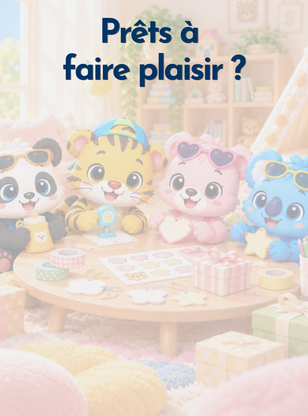 Prêts à faire plaisir ? Quatre mascottes Mon Tampon Prénom (panda, tigre, ourson et koala) autour d'une table avec stickers, étiquettes et cadeaux emballés