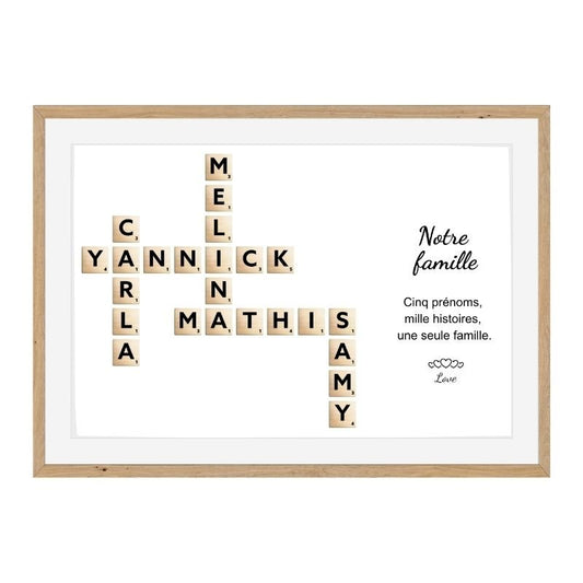 Cadre famille personnalisé prénoms mêlés style Scrabble, 5 prénoms croisés, decoration murale fait main