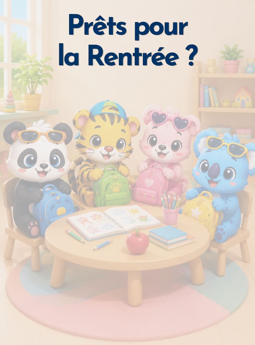 Mascottes panda, tigre, ourse et koala prêtes pour la rentrée en crèche et à l'école avec leurs cartables