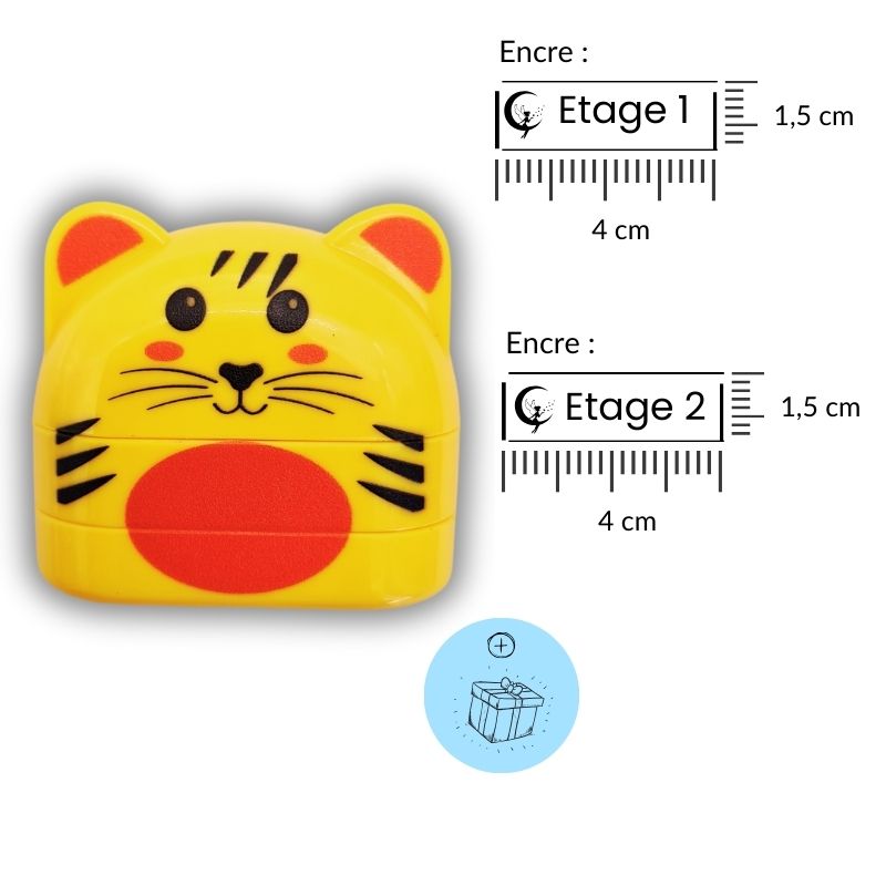 Tampon prénom 2 étages Tigre jaune pour marquage durable des vêtements