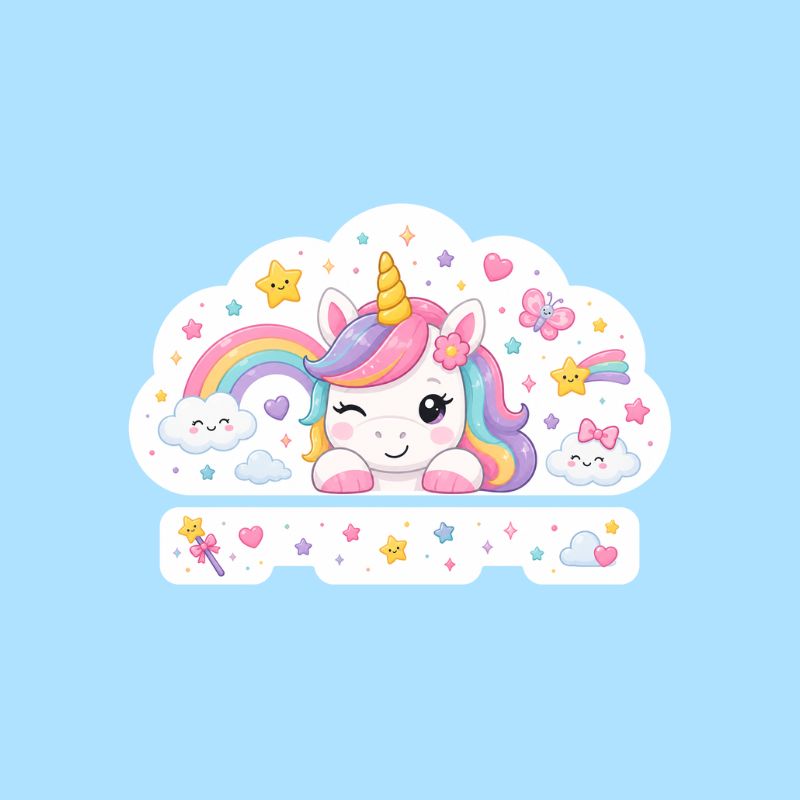 Tampon prénom personnalisé univers licorne arc-en-ciel fond rose