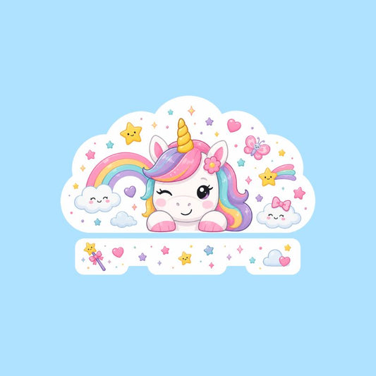 Tampon prénom personnalisé univers licorne arc-en-ciel fond rose