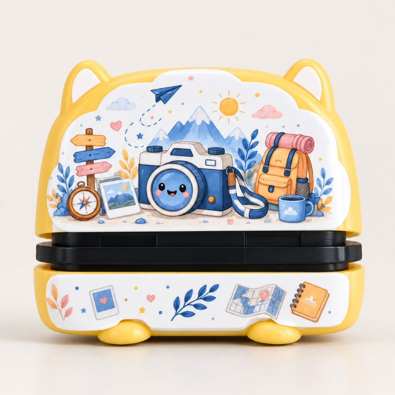 Tampon prénom personnalisé jaune motif voyage, appareil photo et sac à dos, forme tête de chat, pour enfant