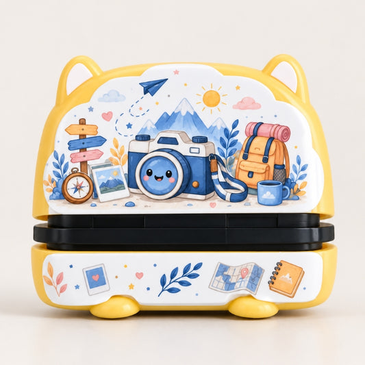Tampon prénom personnalisé jaune motif voyage, appareil photo et sac à dos, forme tête de chat, pour enfant